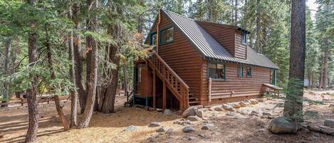 A cabin with a wooden exterior, a staircase leading to the entrance, and surrounded by trees.