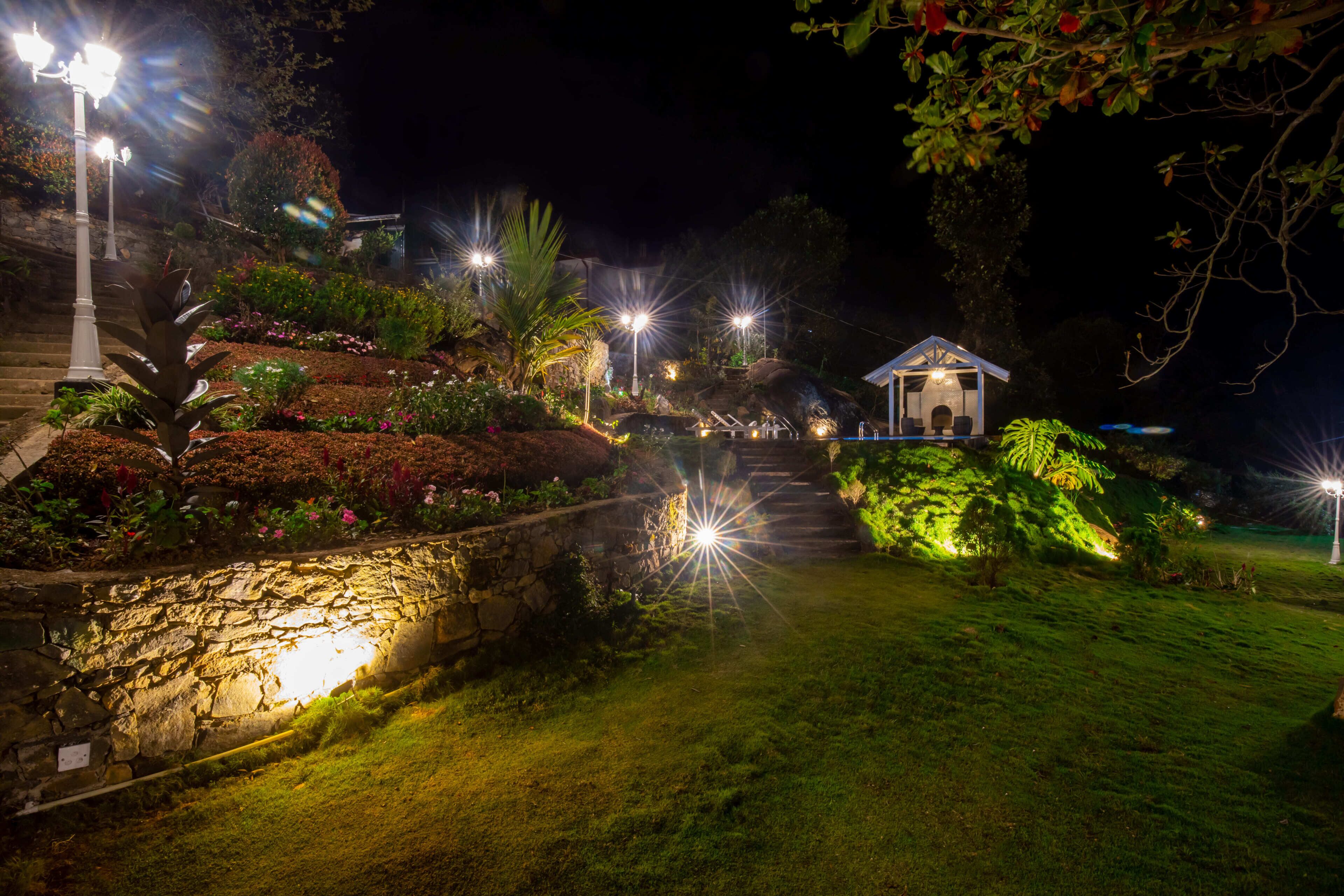 A nighttime garden pathway leading to a small gazebo with steps and illuminated plants.