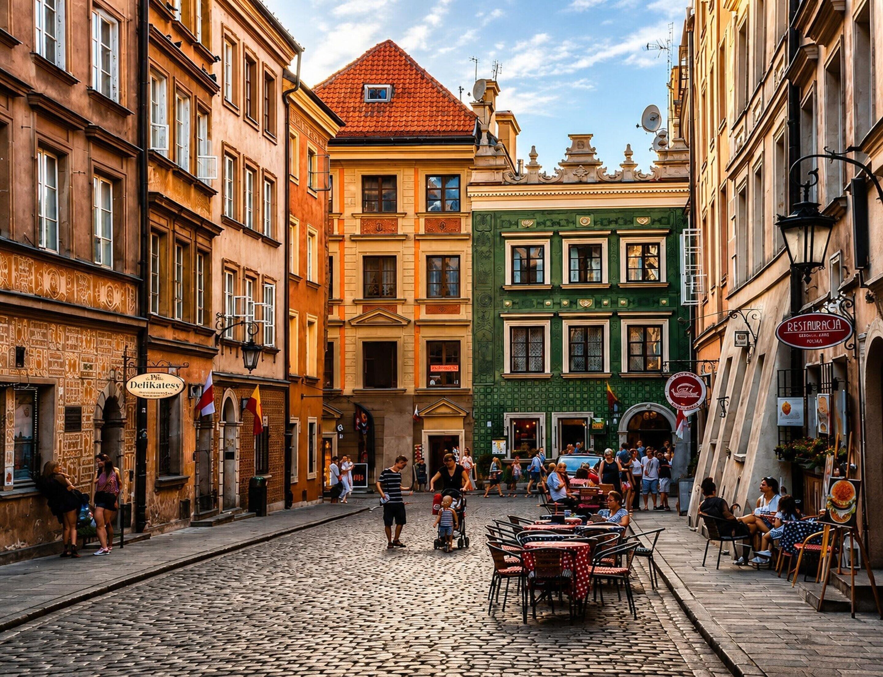 A cobblestone street lined with historic buildings, a café with outdoor seating, and a restaurant sign.