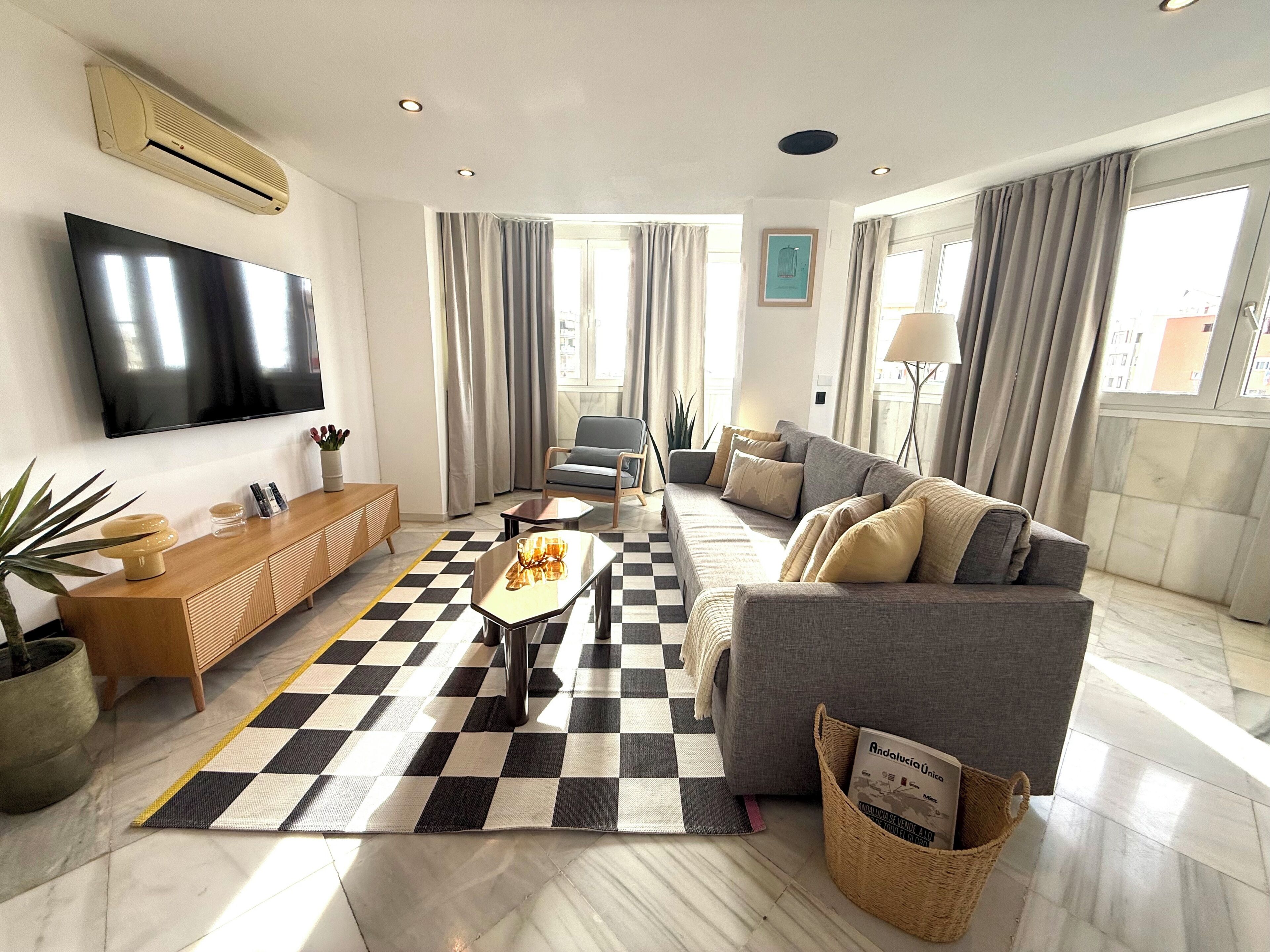 A modern living room with a flat-screen TV, a sofa, a coffee table, and a checkered rug.