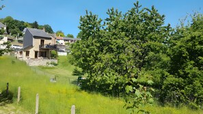 Una zona residencial con casas, un campo cubierto de césped y un árbol grande.