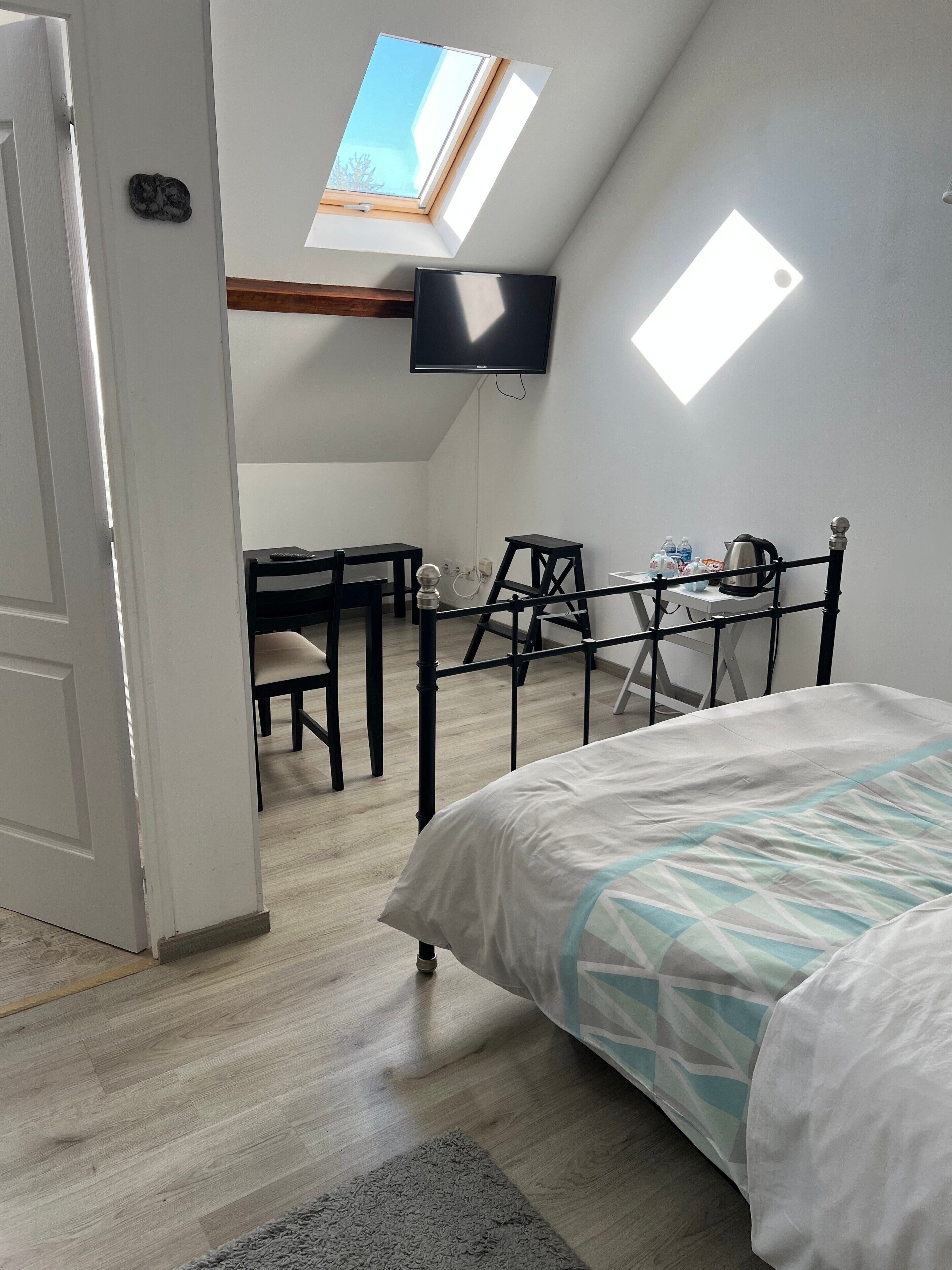 Une chambre à coucher avec un lit, un bureau, une chaise, un téléviseur et une fenêtre de toit.