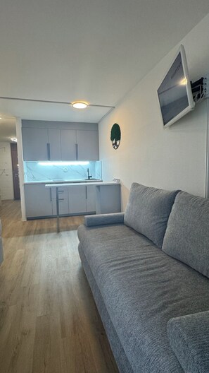 Een moderne woonruimte met een grijze bank, een keuken met witte kasten en een flatscreen aan de muur.