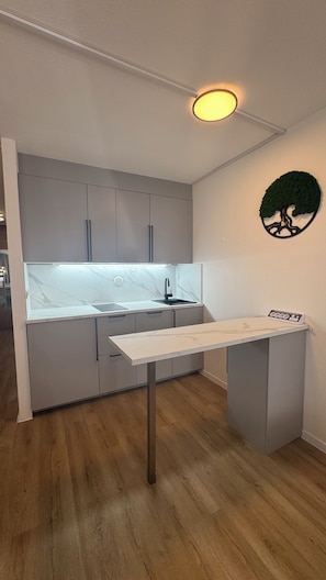 A compact kitchen with a marble countertop, a built-in sink, and a wall-mounted light fixture. - Stressless Sky Vacation Apartment, including the Bavarian Forest AktivCard, Sauna, and Pool (Sankt Englmar)