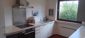 Eine moderne Küche mit Einbauofen, Kaffeemaschine und einem Fenster mit Blick auf Grünflächen.