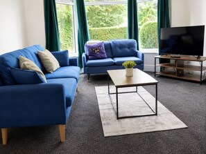 A modern living room with two blue sofas, a coffee table, a TV on a wooden stand, and a view of greenery through large windows.