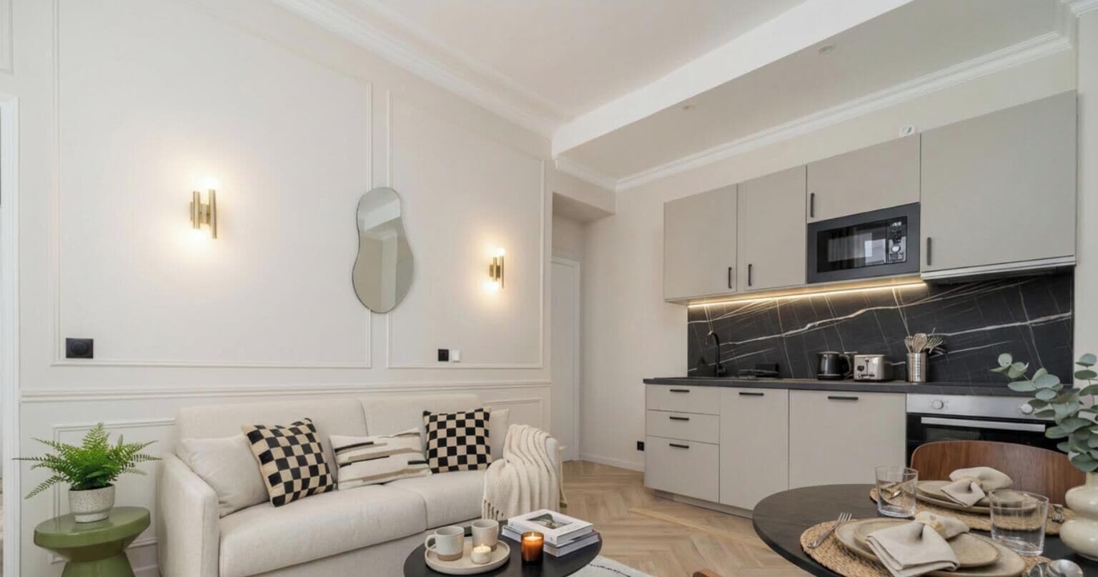 Ett modernt vardagsrum med en soffa, ett soffbord och en matplats med ett bord dukat för två personer.