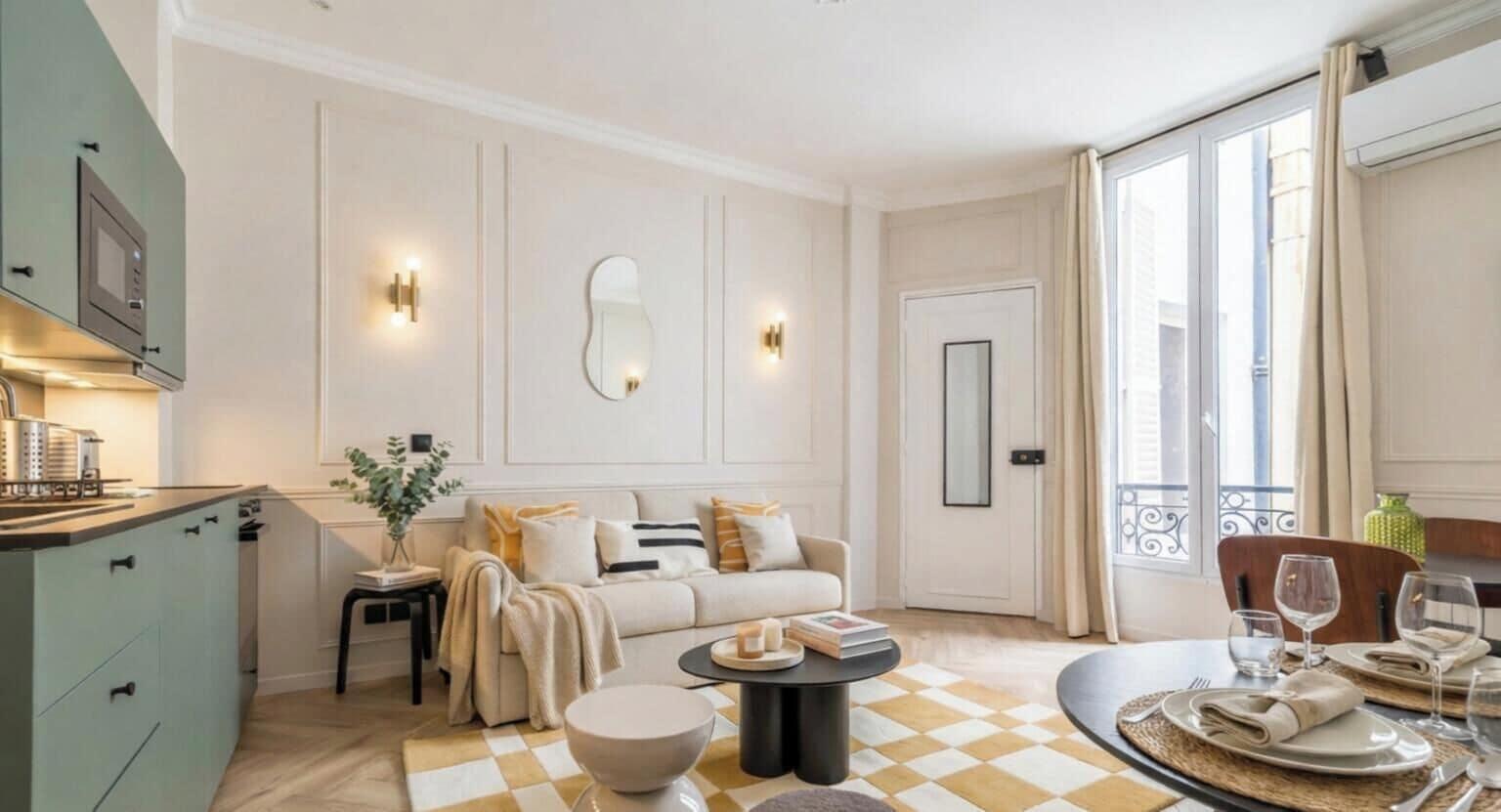 A well-lit living room with a sofa, a coffee table, and a dining area with a table set for two.