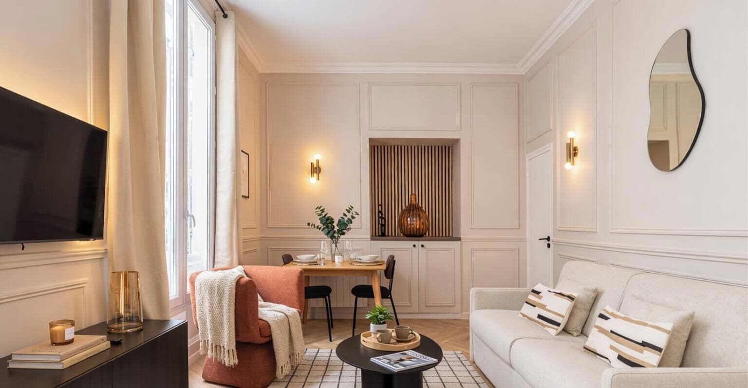 Una sala de estar con un sofá, una mesa de centro, un televisor y un comedor con una mesa y sillas.