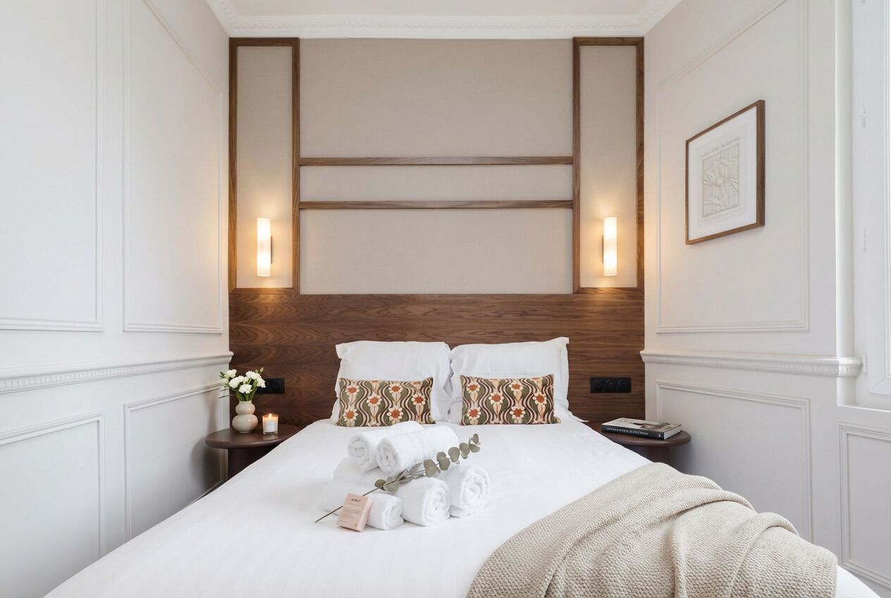 Habitación de hotel con una cama grande, dos mesitas de noche y una lámpara fijada a la pared.