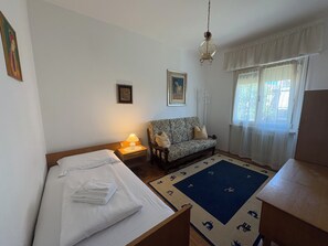 A room with a bed, a sofa, a rug with animal prints, a hanging light fixture, and a window with curtains.