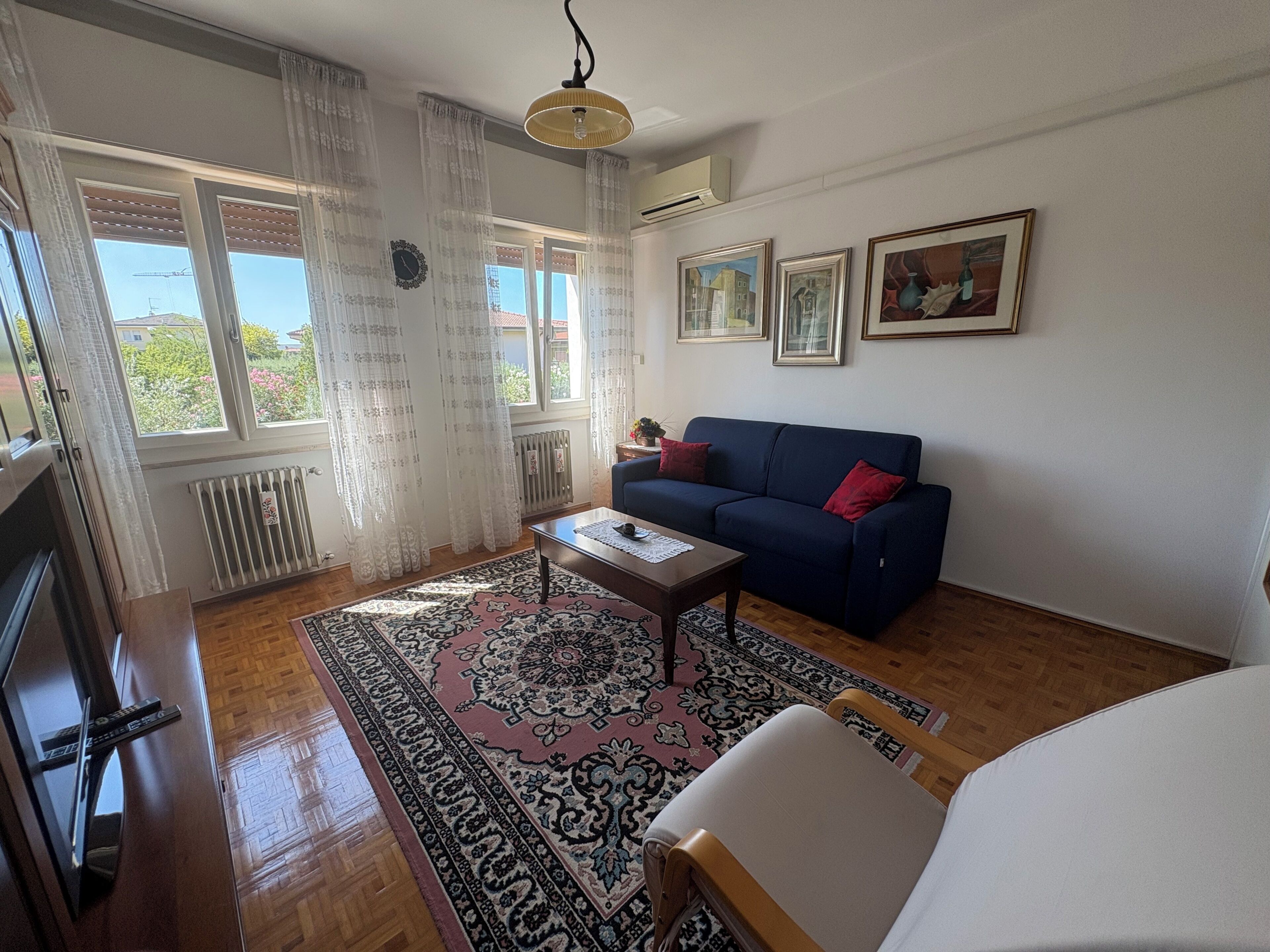 Un salon avec un canapé, une table basse, un tapis et un téléviseur.