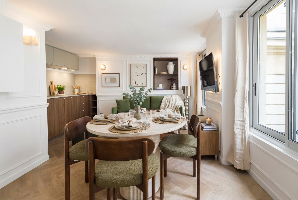 A dining area with a round table set for four, surrounded by wooden chairs with green upholstery.