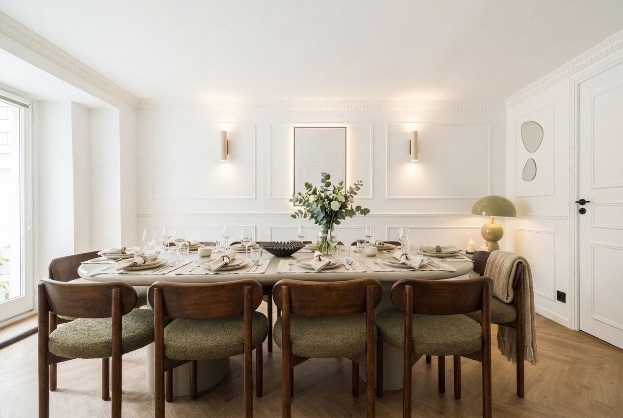 A dining room with a round table set for six, wooden chairs, a vase with greenery, wall-mounted sconces, and a door with decorative panels.