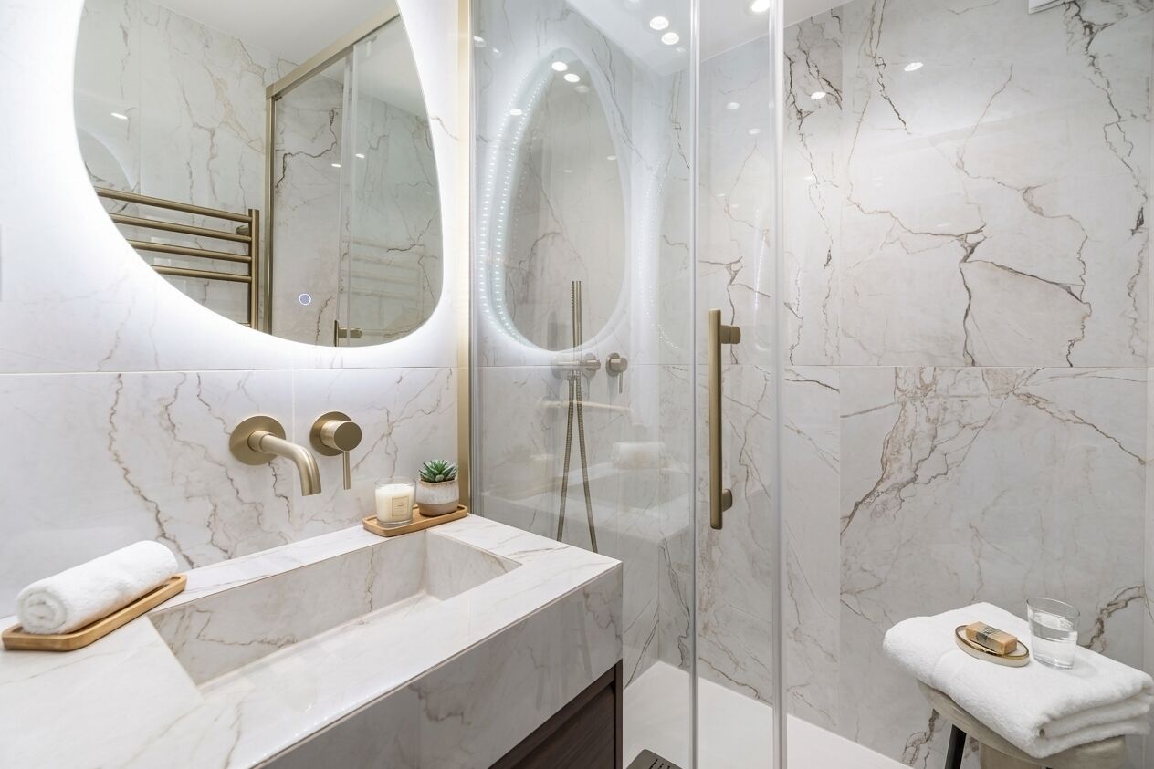 A modern bathroom with a marble vanity, a glass-enclosed shower, and a small seating area with a towel and glass.