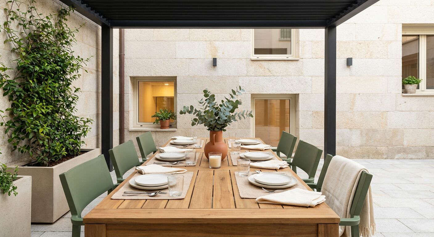 Mesa de madera para seis personas con sillas verdes, un florero con plantas y una maceta en la pared.