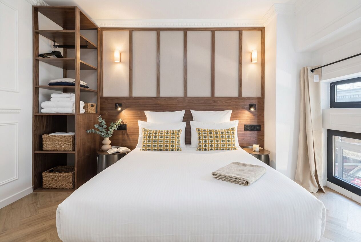 Una camera d'albergo con un letto grande, una testiera in legno, scaffali a parete con asciugamani e lampade da comodino.