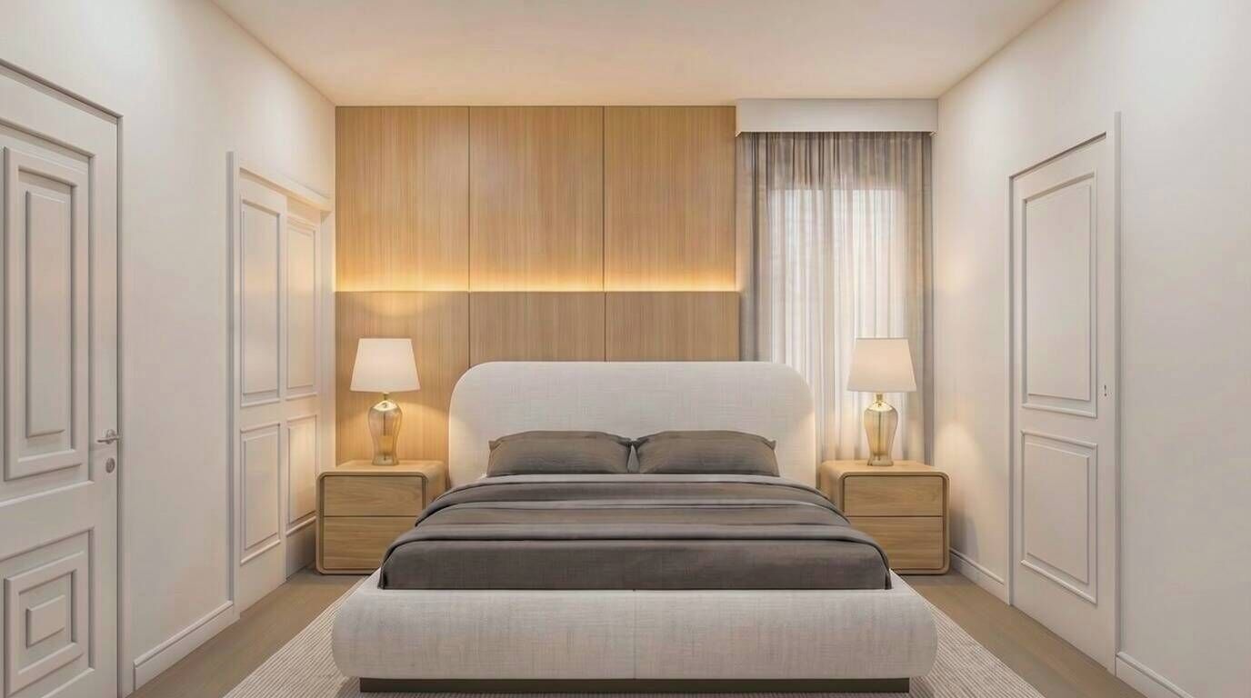 A hotel room with a large bed, two bedside tables, a headboard with built-in lighting, and a window with curtains.