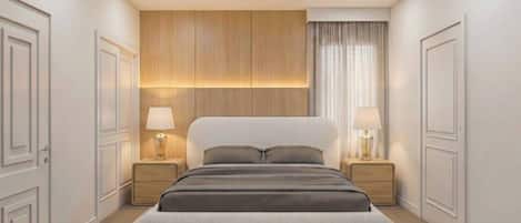 A hotel room with a large bed, two bedside tables, a headboard with built-in lighting, and a window with curtains.
