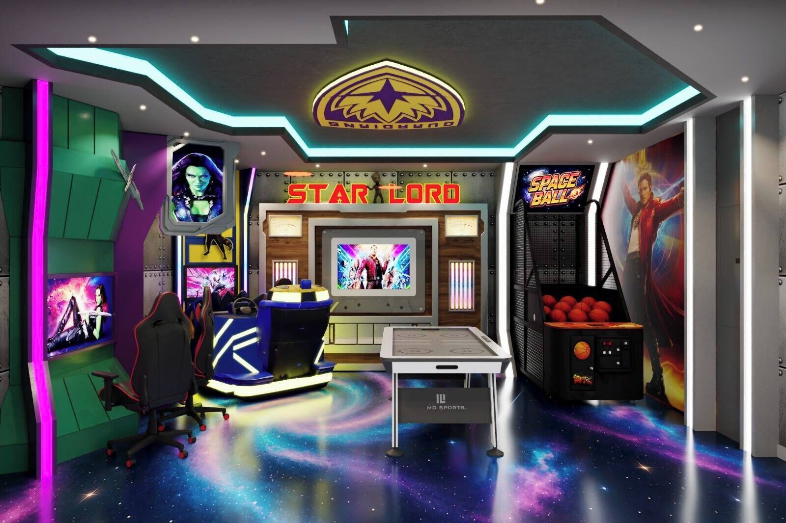A gaming area with a Star Trek theme, including a gaming console, a large screen, and a space-themed floor.