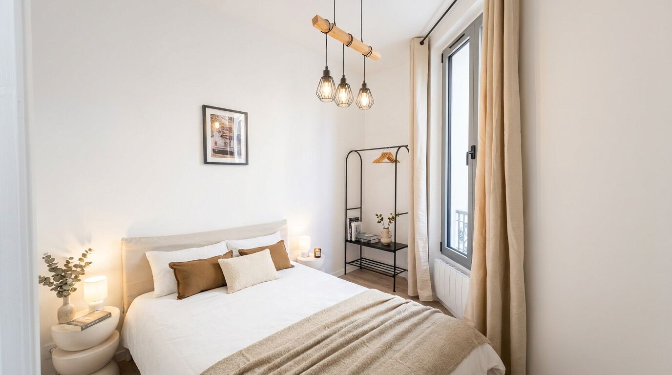 Une chambre à coucher comprenant un lit, des tables de chevet, une commode, une fenêtre avec des rideaux, une étagère fixée au mur et un luminaire suspendu.