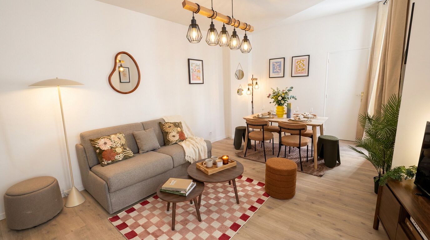 A living room with a sofa, coffee table, and dining table set.