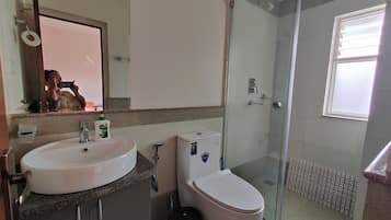 A bathroom with a sink, toilet, and glass shower enclosure.