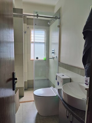 Un baño con ducha envuelta en vidrio, inodoro y lavabo.