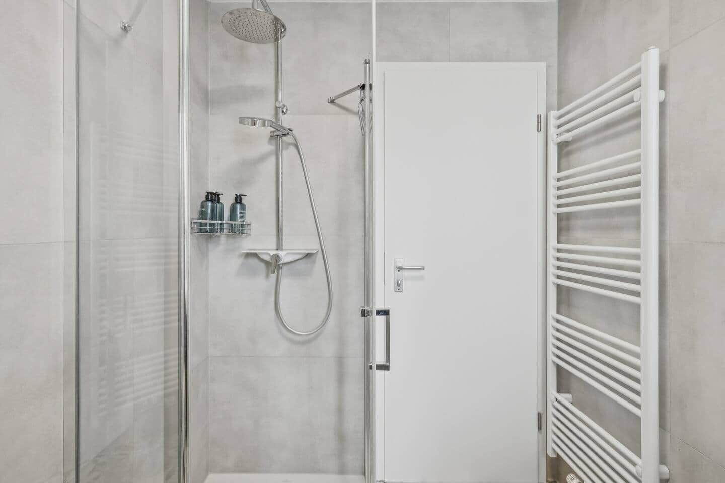 A modern bathroom with a glass shower enclosure, a white door, and a white towel rack.