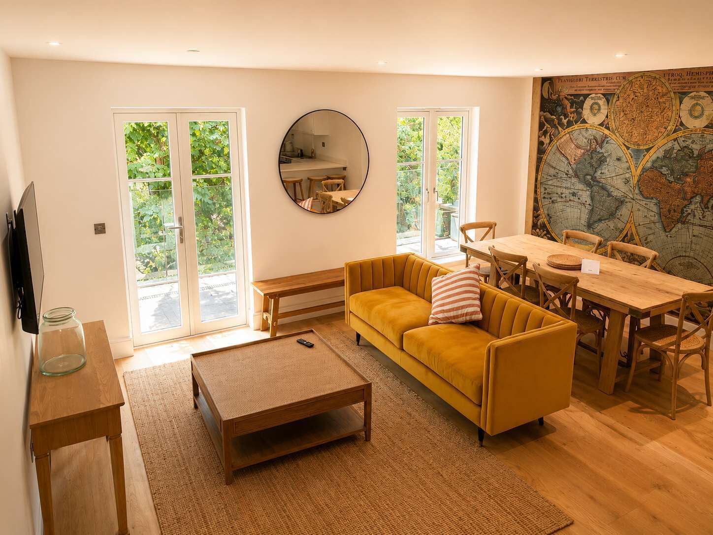 Ein Wohnzimmer mit Sofa, Couchtisch und Esstisch. An der Wand hängt eine große Karte, und durch das Fenster ist viel Grün zu sehen.