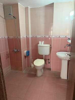 Un baño con inodoro, lavabo y ducha.