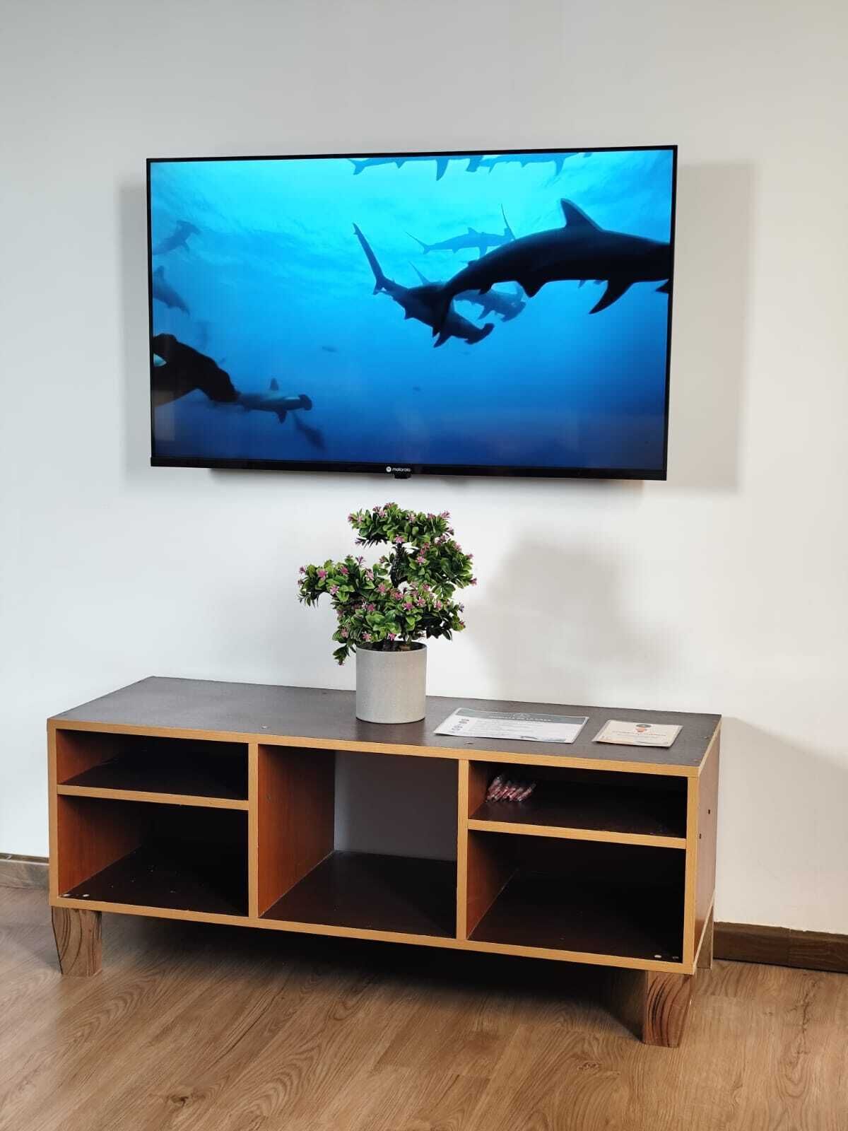 En platt-TV som är monterad på en vägg ovanför ett träinrett TV-bord, och på bordet står en krukväxt.