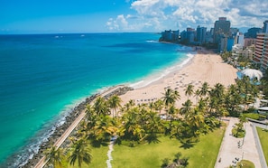 A coastal cityscape with a beach, palm trees, and high-rise buildings. - Charming 1 BR Walking Distance to Escambron Beach (San Juan)