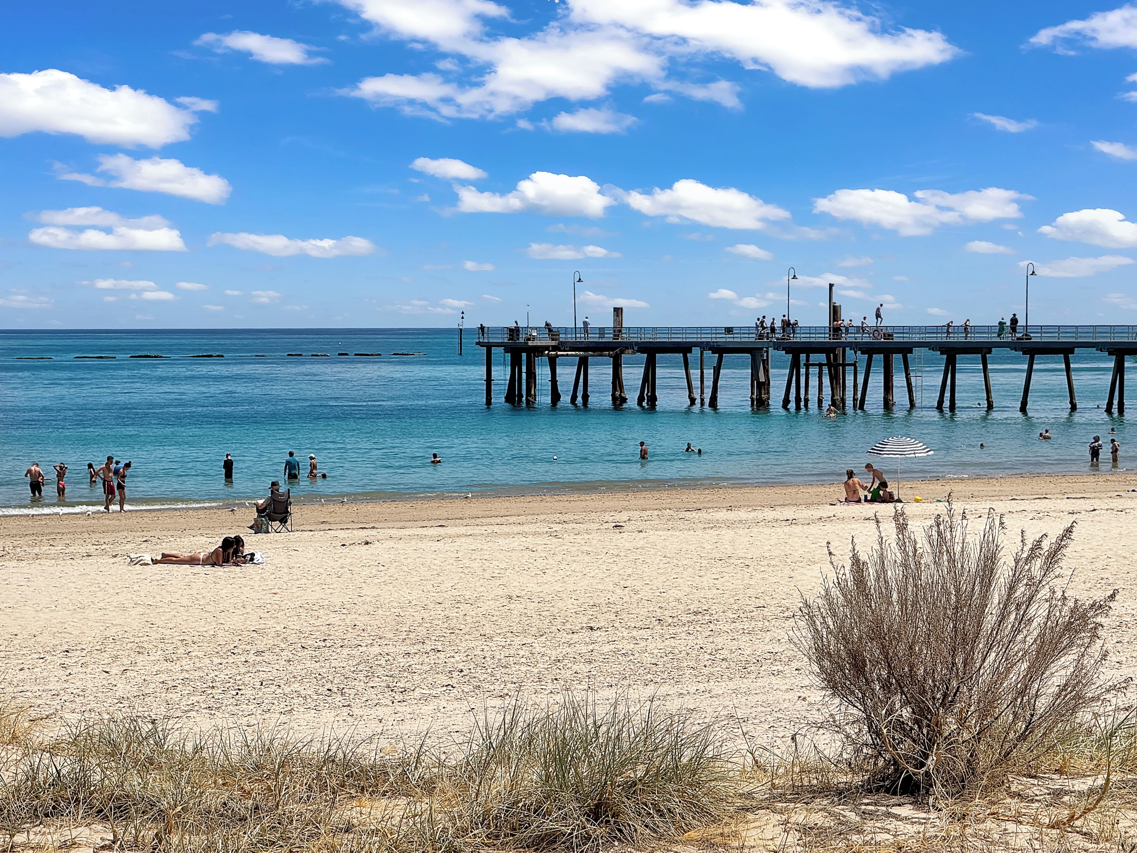 A beach with a pier extending into the water, people swimming and sunbathing, and a clear sky.