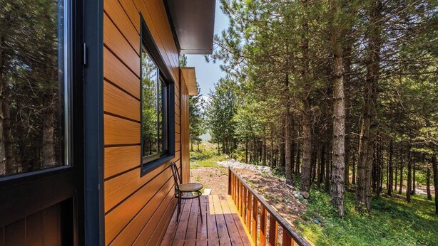 Une terrasse en bois dotée d’une rambarde, qui mène à une zone boisée.
