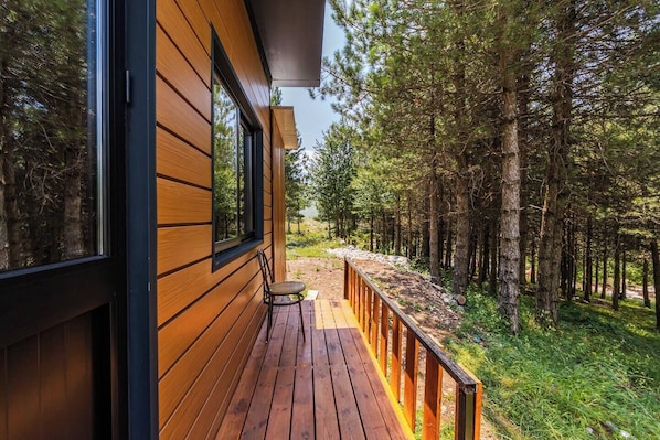 A wooden deck with a railing, leading to a forested area.