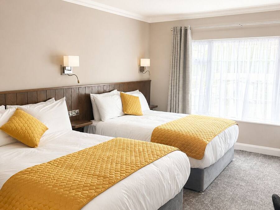 Une chambre d’hôtel avec deux lits, une tête de lit, une table de chevet, une lampe, une fenêtre avec des rideaux et un sol recouvert de moquette.