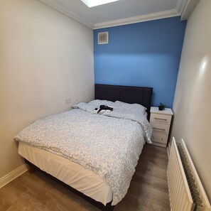 A bedroom with a bed, a nightstand, a radiator, and a skylight. - Private Apartment (Flat 2) (Dublin)