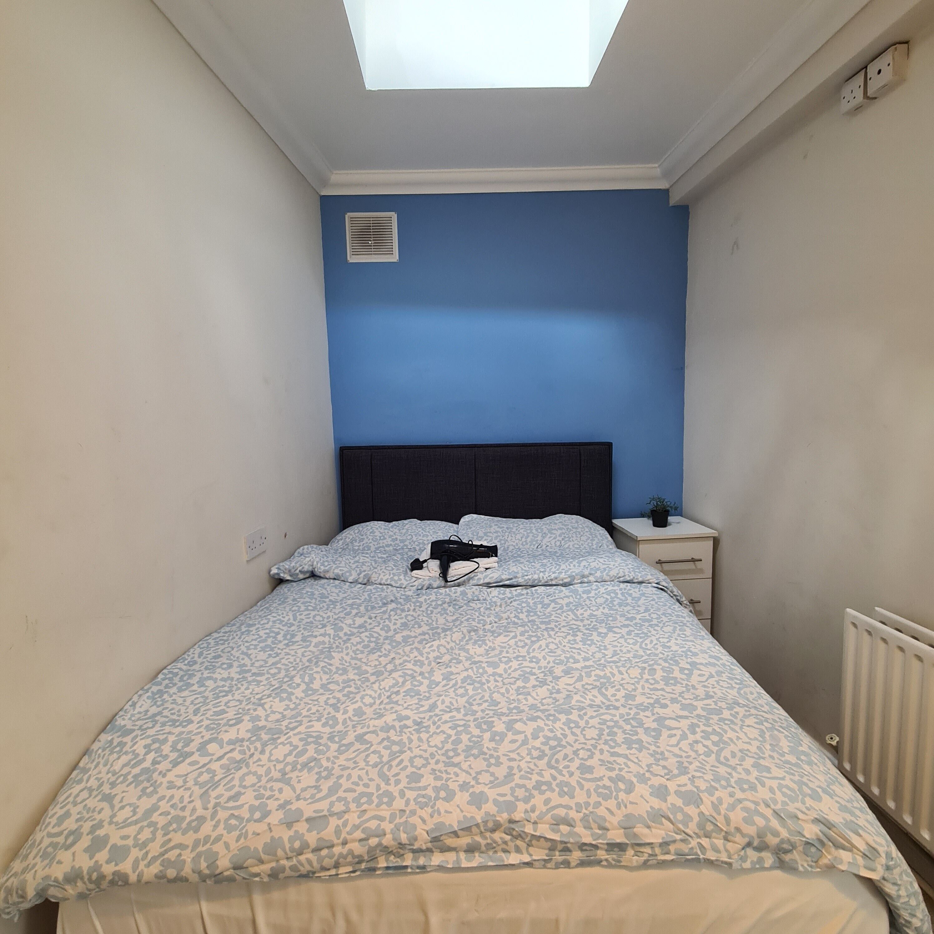 A bedroom with a skylight, a bed with a patterned bedspread, a bedside table with a plant, and a radiator.