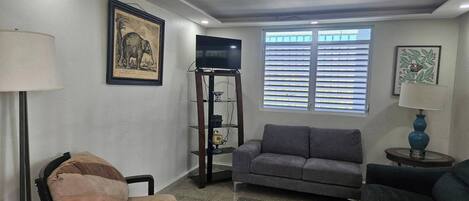A living room with a sofa, a chair, a TV on a stand, and a window with blinds.