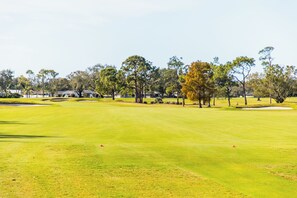 Een golfbaan met heldere lucht, bomen en een verzorgd gazon.