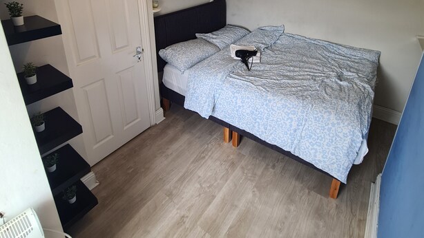 Une chambre à coucher avec un lit, une porte et une petite étagère ornée de plantes.