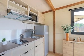 A compact kitchen with a built-in microwave, a refrigerator, and a sink. There is a small plant on the countertop and a window with a view of the outdoors. - ZEcamping 3* pataugeoire piscine locatif 5 pers (Junas)