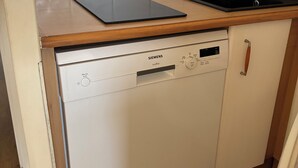 Eine Siemens Spülmaschine mit Bedienfeld, einer Spüle und einer Holz Arbeitsplatte.