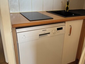 Eine Siemens Spülmaschine mit Bedienfeld, einer Spüle und einer Holz Arbeitsplatte.