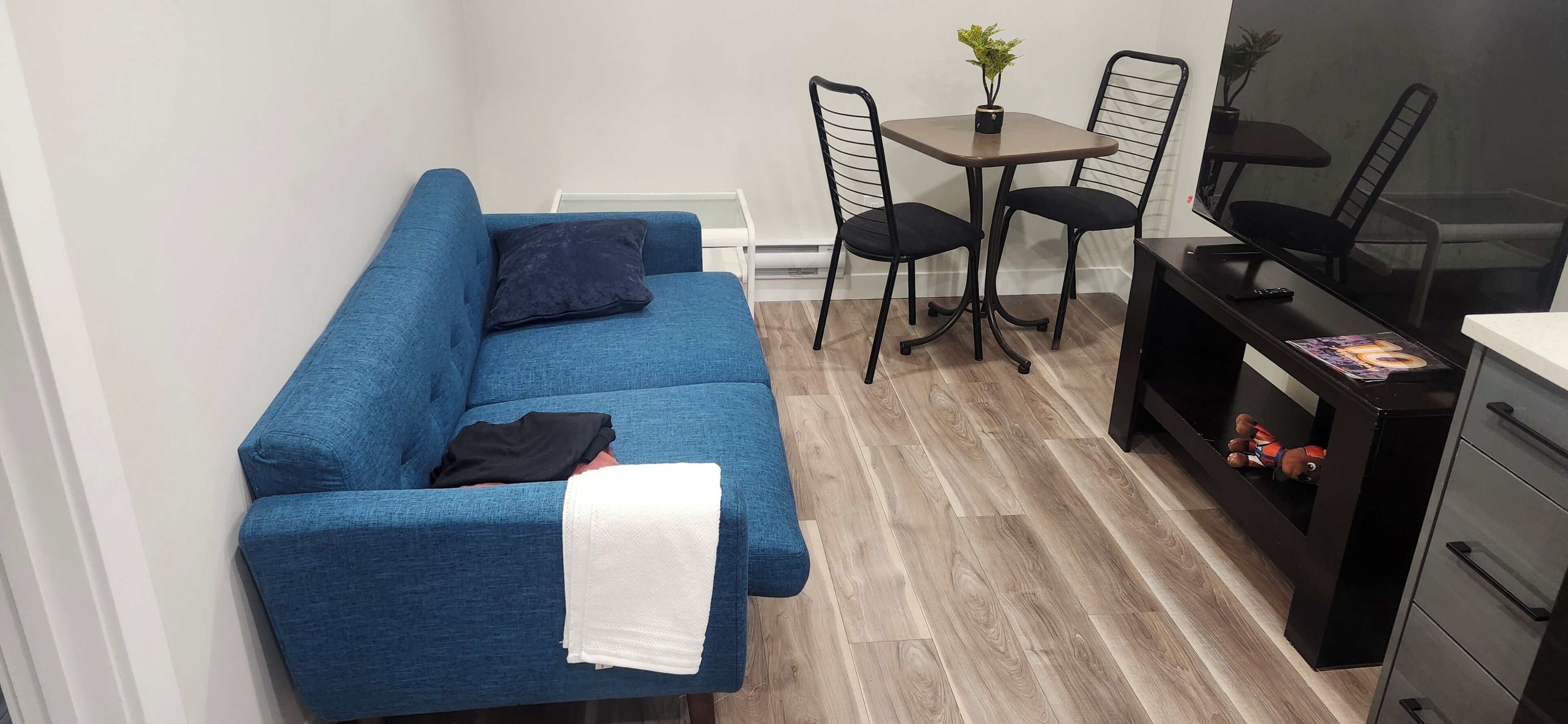 Un espace de vie compact comprenant un canapé bleu, une petite table à manger avec des chaises, un meuble pour la télévision et un radiateur blanc.