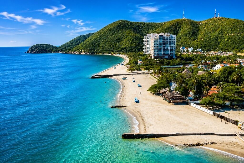 A coastal hotel with a beach, a pier, and a hill with a lighthouse.