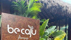 Une enseigne en bois portant le nom de la marque « becaju homes », entourée de plantes tropicales et surmontée d’une structure à toit de chaume.