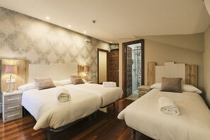 Habitación de hotel con dos camas, cabeceros de madera, un espejo grande y zona de ducha.