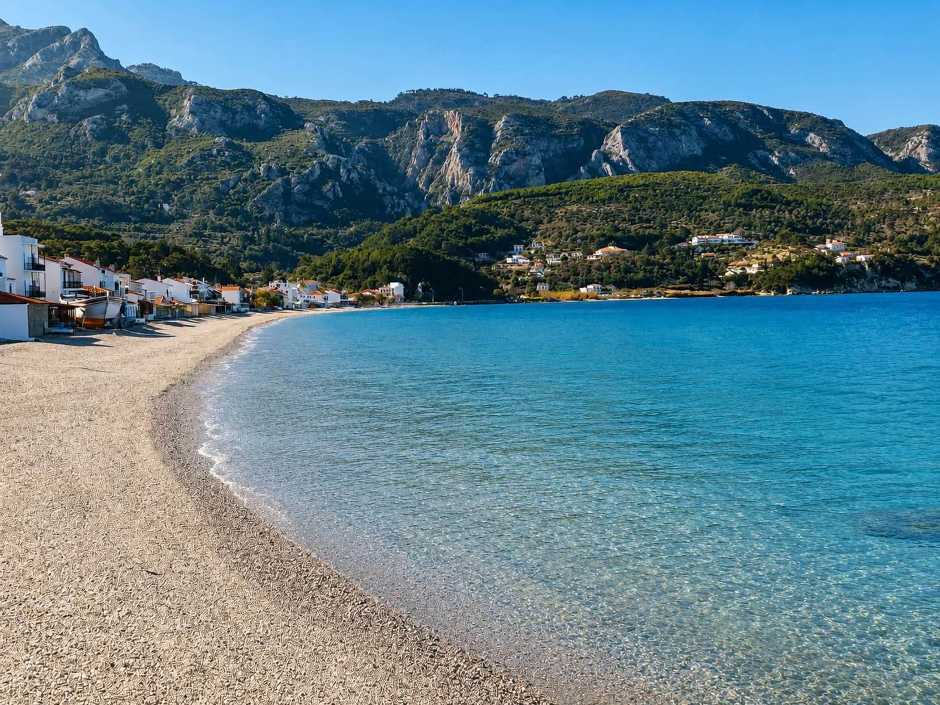 Ein Küstenstrand mit Kiesufer, klarem blauen Wasser und Häusern entlang der Küste.